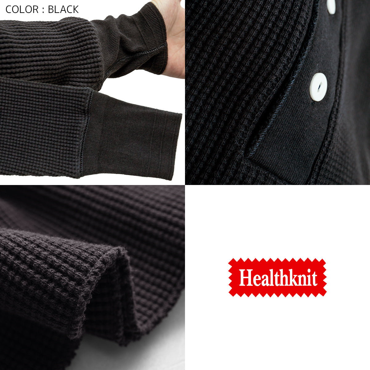 Healthknit ヘルスニット ワッフル ヘンリーネック 長袖Tシャツ Super Heavy Waffle Henley Neck L/S Tee #990
