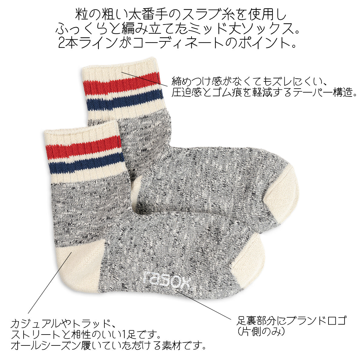 rasox ラソックス スニーカーソックス ミドル丈 靴下 スラブラインミッド